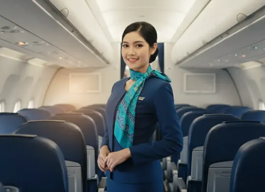 Hasil edit prompt Gemini AI terbaru foto sendiri menjadi pramugari Garuda Indonesia. (Sumber: Freepik/tirachardz)
