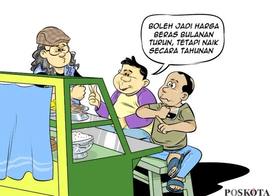 Ilustrasi obrolan di warteg: Warga membahas penurunan harga beras yang terjadi pada September 2025, namun secara tahunan harganya masih menunjukkan kenaikan. (Sumber: Poskota/Arif Setiadi)