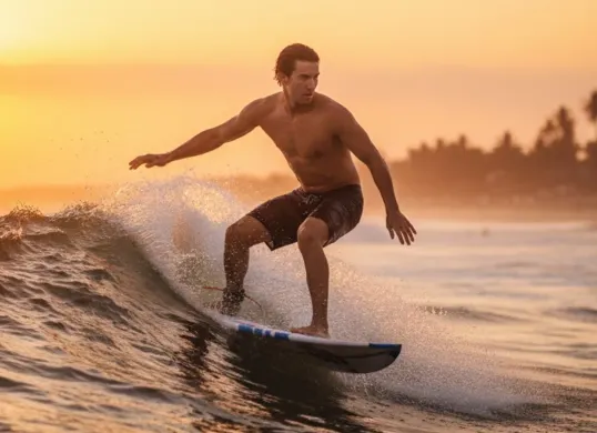 Hasil edit prompt Gemini AI foto cowok keren di pantai Bali sambil surfing. (Sumber: Freepik)
