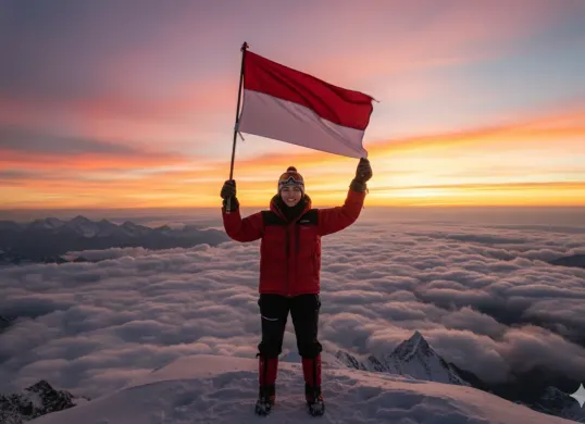 Hasil edit prompt Gemini AI foto wanita di puncak Gunung Himalaya. (Sumber: Freepik/lookstudio)