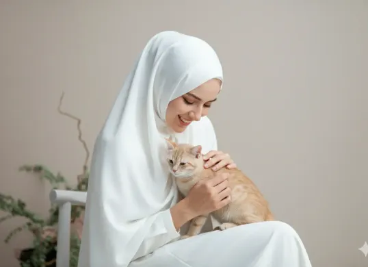 Hasil edit foto prompt Gemini AI terbaru foto wanita berhijab dengan kucing peliharaan di studio. (Sumber: Freepik)