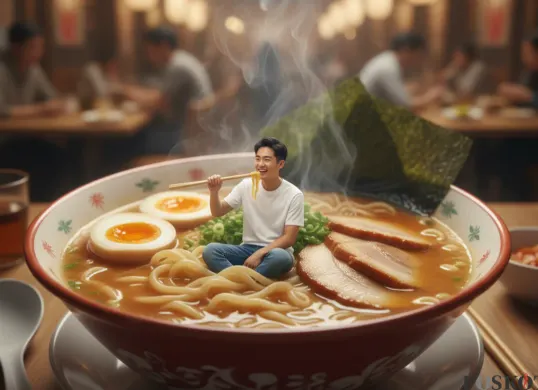 Hasil edit foto diri sendiri di atas makanan yang dibuat pakai prompt Gemini AI. (Sumber: Gemini AI)