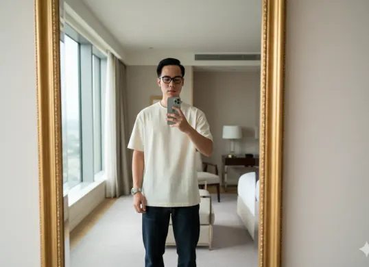 Hasil edi foto prompt Gemini AI terbaru foto cowok pakai iPhone 17 Pro Max sambil mirror selfie di hotel bintang lima. (Sumber: Freepik)