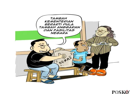 Ilustrasi obrolan di warteg: Tiga sahabat membahas usulan kenaikan status Bulog menjadi kementerian. “Tambah kementerian berarti pula tambah anggaran dan fasilitas negara,” ujar salah satu tokoh dalam percakapan. (Sumber: Poskota/Arif Setiadi)