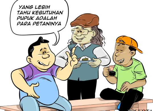 Ilustrasi obrolan warteg: Tiga sahabat berdiskusi santai tentang kebijakan baru distribusi pupuk. Pesan pentingnya, yang paling tahu kebutuhan pupuk sesungguhnya adalah para petani sendiri. (Sumber: Poskota/Arif Setiadi)
