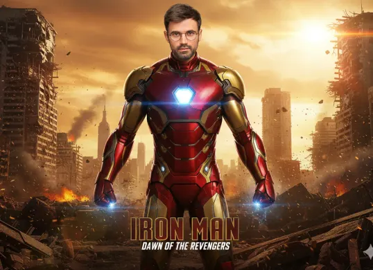 Hasil edit prompt Gemini AI foto cowok biasa menjadi Iron Man yang mirip Tony Stark. (Sumber: Freepik/wayhomestudio)