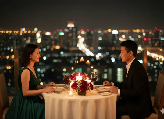 Hasil edit prompt Gemini AI foto pasangan untuk dinner romantis dengan view citylight di gedung tertinggi. (Sumber: Freepik)