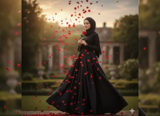 Contoh Prompt Gemini AI untuk hasilkan foto hijab elegan ala studio. Coba prompt bertema klasik, sunset pantai, hingga fashion professional (Sumber: Gemini AI)