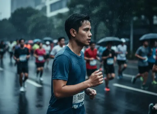 Hasil edit prompt Gemini AI foto cowok keren di event marathon. (Sumber: Freepik/drobotdean)