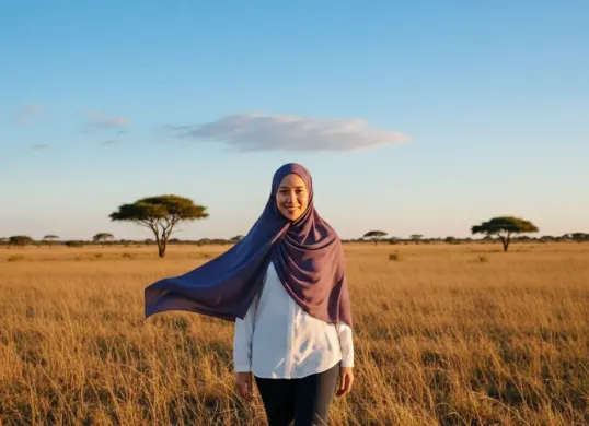 Hasil edit prompt Gemini AI terbaru foto wanita berhijab di savana Afrika. (Sumber: Freepik/tirachardz)