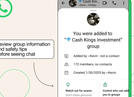 Ilustrasi fitur WhatsApp untuk mencegah aktivitas penipuan online. (Sumber: WhatsApp)