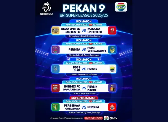 Jadwal BRI Super League Hari Ini Jumat 17 Oktober 2025, Ada PSBS Biak vs Persib Bandung (Sumber: Instagram/sports.indosiar/Edited Muhammad Ibrahim)