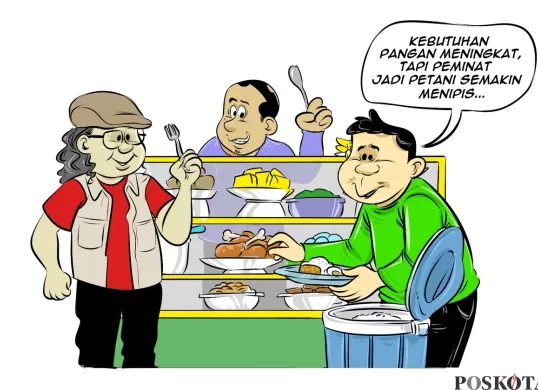 Ilustrasi Obrolan Warteg memperingati Hari Pangan Sedunia, menggambarkan meningkatnya kebutuhan pangan yang berbanding terbalik dengan menurunnya minat generasi muda menjadi petani. (Sumber: Poskota/Arif Setiadi)