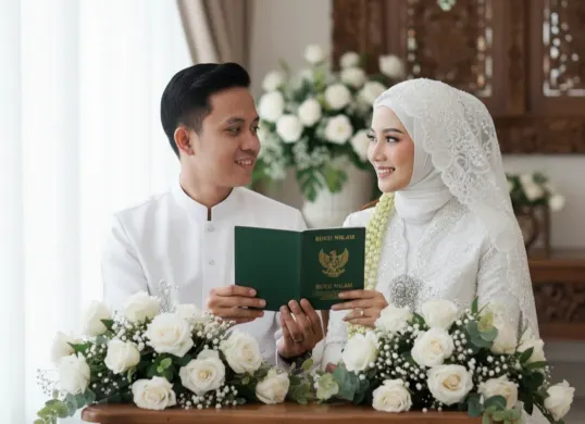 Hasil edit foto pernikahan romantis bersama pasangan pakai prompt Gemini AI. (Sumber: Gemini AI)