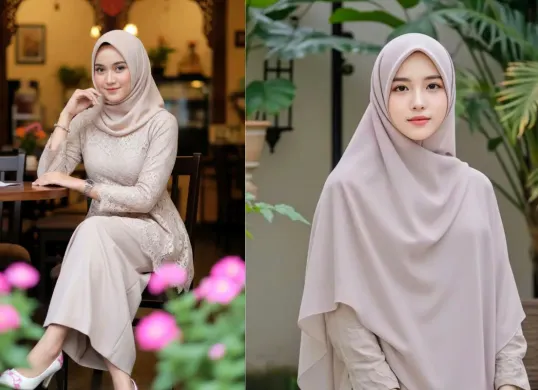 Hasil foto wanita berhijab dengan Prompt Gemini AI yang tampak natural, elegan, dan estetik layaknya hasil fotografer profesional. (Sumber: Gemini AI)