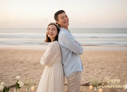 Hasil edit prompt Gemini AI terbaru foto pasangan merayakan anniversary di pantai. (Sumber: Freepik)