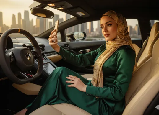 Hasil edit foto prompt Gemini AI viral wanita berhijab selfie di mobil lamborghini. (Sumber: Freepik)