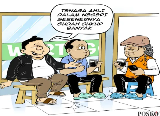 Ilustrasi obrolan warteg tiga sahabat berdiskusi tentang kebijakan BUMN dan pentingnya memberi kepercayaan kepada tenaga ahli dalam negeri. (Sumber: Poskota/Arif Setiadi)