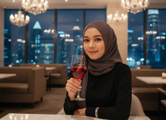 Hasil edit prompt Gemini AI foto wanita hijab di cafe mewah berlatar citylight. (Sumber: Freepik/tirachardz)