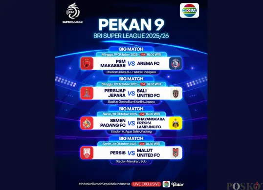 Jadwal BRI Super League Hari Ini Minggu 19 Oktober 2025, Ada PSM Makassar vs Arema FC (Sumber: Instagram/sports.indosiar/Edited Muhammad Ibrahim)