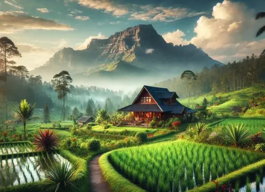Suasana senja di sawah yang dihasilkan oleh Gemini AI, memadukan kehangatan alam dengan kecanggihan teknologi digital. (Sumber: Pinterest)