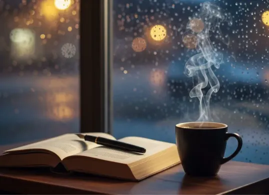Foto still life buku dan kopi dengan Gemini AI (Sumber: Gemini AI)
