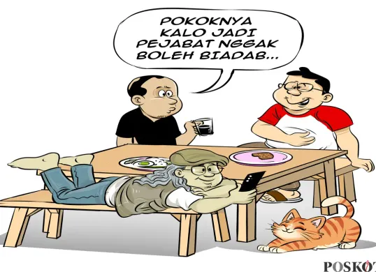 Ilustrasi obrolan santai di warteg — tiga sahabat berdiskusi soal pentingnya adab bagi pejabat publik, menegaskan pesan: “Pokoknya kalau jadi pejabat, nggak boleh biadab.” (Sumber: Poskota/Arif Setiadi)