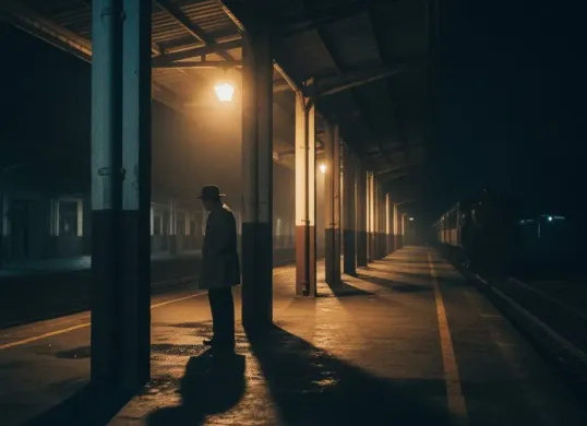 Prompt visual sinematik di stasiun kereta malam (Sumber: Gemini AI)