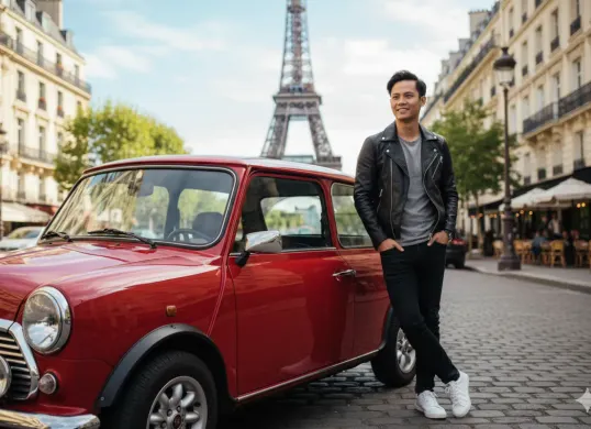 Hasil edit prompt Gemini AI edit foto cowok macho pakai Mini Cooper di luar negeri. (Sumber: Freepik/drobotdean)