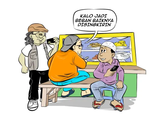 Ilustrasi obrolan warteg: Tiga sahabat berbincang santai sambil makan di warteg, membahas pentingnya menyingkirkan beban demi kemajuan — menggambarkan kritik terhadap menteri yang dinilai tidak efektif. (Sumber: Poskota/Arif Setiadi)