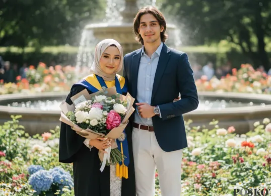 Hasil edit foto bertema wisuda bareng pasangan pakai prompt Gemini AI. (Sumber: Gemini AI)