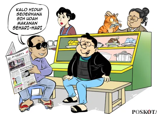 Ilustrasi Obrolan Warteg – Tiga sahabat berbincang santai menanggapi isu dugaan jual beli jabatan di Bekasi yang disorot Menkeu, sambil menegaskan pentingnya integritas dan transparansi di pemerintahan daerah. (Sumber: Poskota/Arif Setiadi)