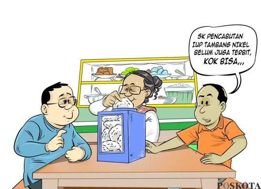 Ilustrasi obrolan warteg membahas lambatnya penerbitan SK pencabutan izin usaha pertambangan (IUP) nikel di Raja Ampat yang hingga kini belum terbit meski diumumkan sejak Juni 2025. (Sumber: Poskota/Arif Setiadi)
