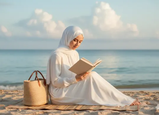 Hasil edit prompt Gemini AI terbaru cewek hijab baca buku di pantai yang terlihat natural. (Sumber: Freepik)