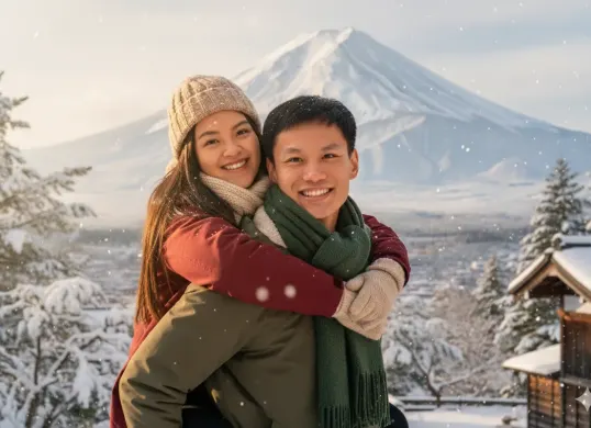 Hasil edit prompt Gemini AI viral foto pasangan menikmati keindahan Gunung Fuji Jepang. (Sumber: Freepik)