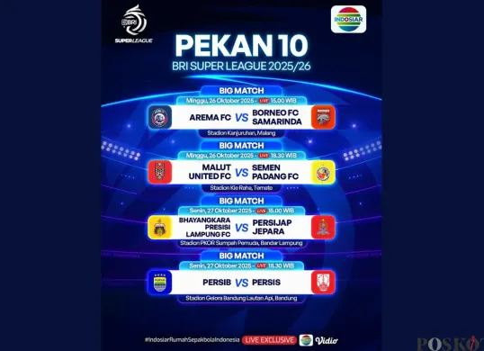 Jadwal BRI Super League Hari Ini Minggu 26 Oktober 2025, Ada Arema FC vs Borneo FC (Sumber: Instagram/sports.indosiar/Edited Muhammad Ibrahim)