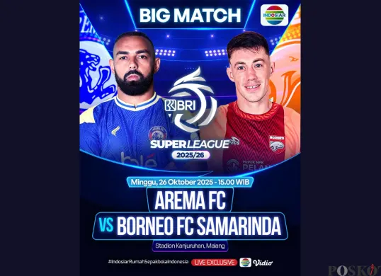 LINK LIVE STREAMING Big Match Arema FC vs Borneo FC Hari Ini 26 Oktober 2025 Pukul 15.30 WIB Gratis (Sumber: Instagram/sports.indosiar/Edited Muhammad Ibrahim)