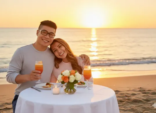 Hasil edit prompt Gemini AI terbaru untuk membuat foto pasangan dinner romantis di pantai. (Sumber: Freepik/pressfoto)