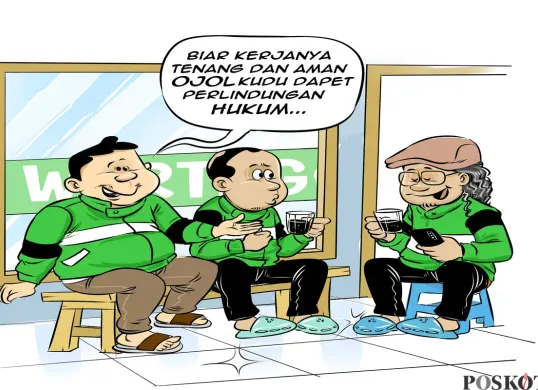 Tiga pengemudi ojek online berbincang santai di warteg sambil menikmati kopi, membahas pentingnya perlindungan hukum agar kerja ojol lebih tenang dan aman. (Sumber: Poskota/Arif Setiadi)