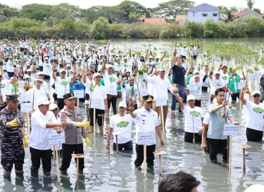 Bupati Tangerang Moch. Maesyal Rasyid mendampingi Wakil Presiden Gibran Rakabuming Raka menanam tanam mangrove di Taman Mangrove di KUA, Kecamatan Mauk, Kabupaten Tangerang, Senin, 27 Oktober 2025. (Sumber: Dok. Diskominfo Kabupaten Tangerang)