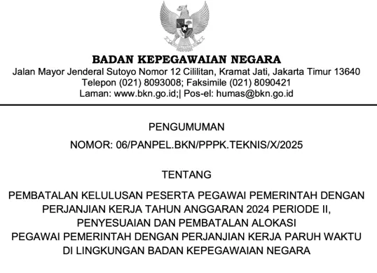 Tangkapan layar dokumen pembatalan status PPPK Paruh Waktu. (Sumber: BKN)
