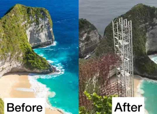 Ikon Bali terancam! Sorotan kontroversi lift kaca Kelingking: dari investor China, izin yang dipertanyakan, hingga ancaman kerusakan alam permanen. Apakah keindahan Nusa Penida akan hilang? (Sumber: X@pendakilawas)