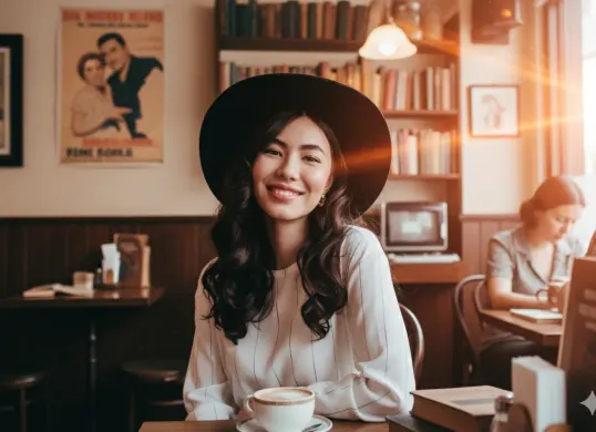 Hasil edit  prompt Gemini AI viral foto wanita dengan gaya Old Money Look di cafe vintage. (Sumber: Freepik/lookstudio)