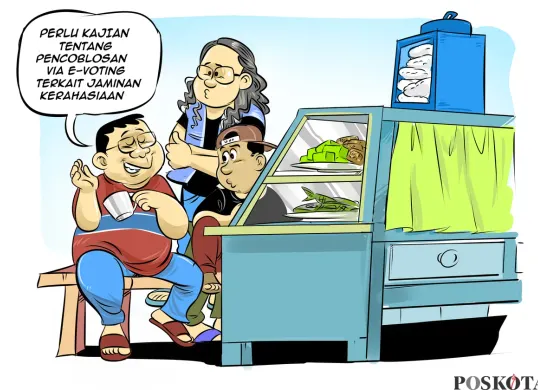 Ilustrasi Obrolan Warteg edisi “Pencoblosan Tak Harus Sehari”. Tiga sahabat membahas wacana pemilu tujuh hari dan pentingnya kajian e-voting untuk menjamin kerahasiaan suara pemilih. (Sumber: Poskota/Arif Setiadi)