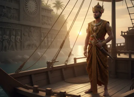 Seorang raja Majapahit berdiri di atas kapal dagang kayu saat senja, berpakaian batik emas dan memegang kris berukir, latar pelabuhan batu kuno dengan sinar matahari keemasan. (Sumber: Gemini AI)
