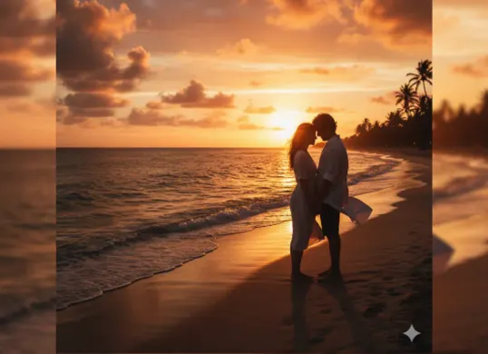 Kumpulan prompt Gemini AI untuk menciptakan momen romantis berdua di saat senja dengan aura hangat dan natural. (Sumber: Poskota/Gemini AI)