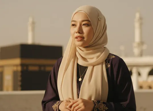 Hasil edit prompt Gemini AI viral wanita hijab di Mekah ala Arabian. (Sumber: Freepik/tirachardz)