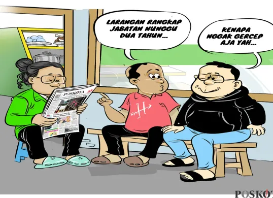 Ilustrasi obrolan warteg menyoroti putusan MK soal larangan rangkap jabatan wakil menteri, yang baru berlaku penuh dua tahun mendatang. (Sumber: Poskota/Arif Setiadi)