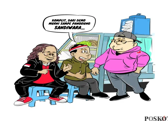 Ilustrasi Obrolan Warteg: Tiga sahabat berdiskusi soal aksi demonstrasi, dari demo murni hingga dianggap sekadar panggung sandiwara. (Sumber: Poskota/Arif Setiadi)