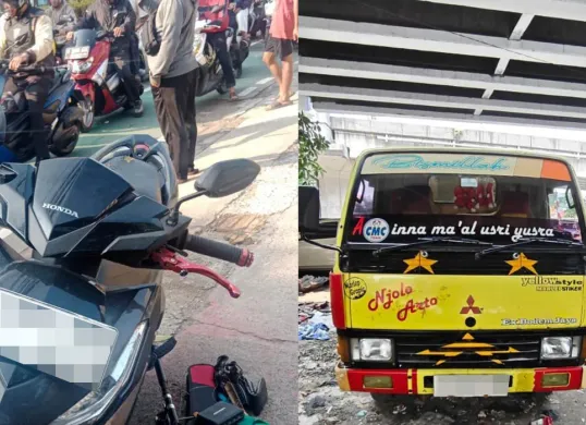 Kendaraan truk dan sepeda motor yang terlibat kecelakaan lalu lintas di Jalan Warung Jati Barat, Pasar Minggu, Jakarta Selatan, pada Sabtu, 6 September 2025, sekitar pukul 07.30 WIB. (Sumber: Dok Polda Metro Jaya)
